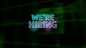 Animation of we're hiring neon text, data processing over black background. Online employment, digital interface, communication, computing and data processing concept digitally generated video. - Powered by Shutterstock - Get 15% off with code: PIKWIZARD15