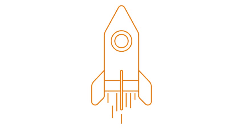 Animated orange rocket flying fast. Linear symbol. Concept of startup, investment, progress, speed. Looped video. Line vector illustration isolated on white background.