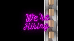 Animation of we're hiring neon text and conveyor belt over black background. Online employment, digital interface, communication, computing and data processing concept digitally generated video. - Powered by Shutterstock - Get 15% off with code: PIKWIZARD15