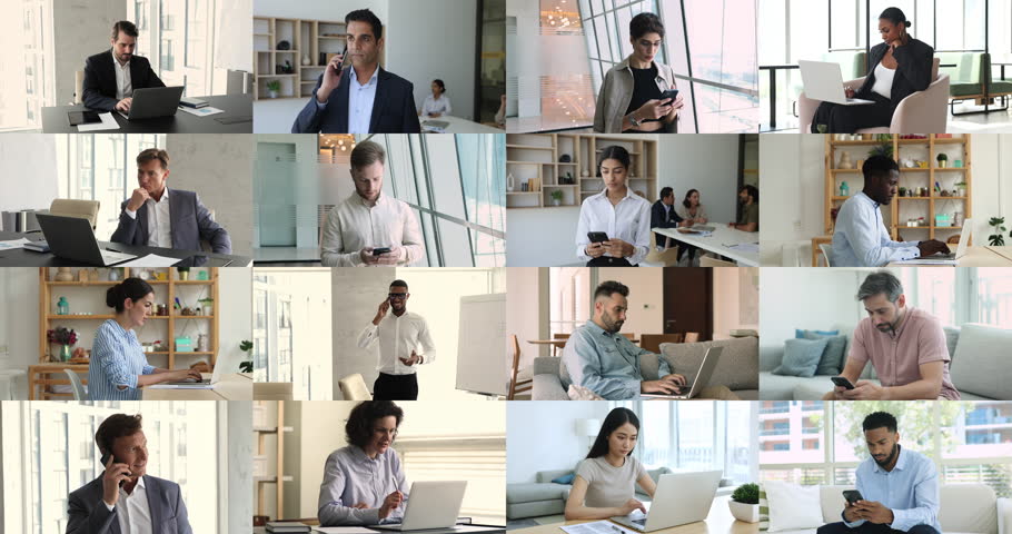 Collage of multiple people using mobile application, wireless tech and internet, working, calling engaging in different activities. Diversity, global communication, modern technology usage in our life