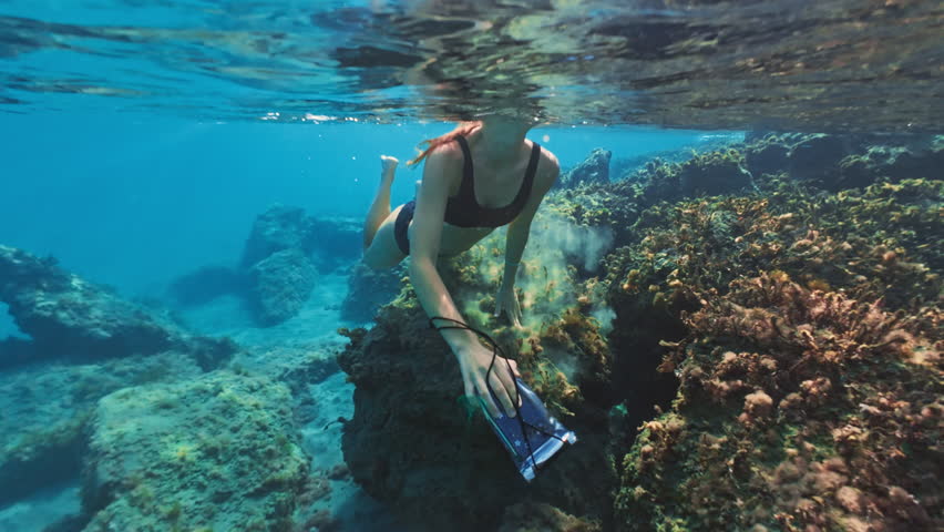The girl snorkels, dives and takes a photo under water. A beautiful woman actively rests, dives in the reefs and takes a photo for memory. The concept of rest on the ocean, tourism and travel.