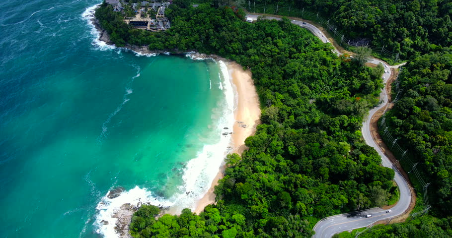 Phuket Thailand 2024. Cinematic seven aerial view of ocean beach scene beautiful beach Phuket. On 14 June 2024, Shot on cinema cam. DCI4K 4096x2160p. High quality footage ProRes422