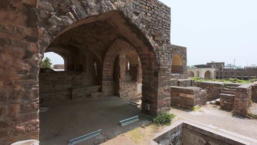 Architecture of Golconda fort, an ancient citadel and ruind city, located in the western part of Hyderabad, India. Panoramic view.