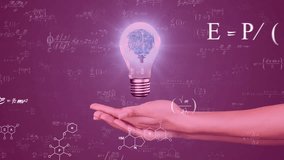 Animation of mathematical formula over hand holding light bulb with brain on purple background. Global science, technology and digital interface concept digitally generated video. - Powered by Shutterstock - Get 15% off with code: PIKWIZARD15
