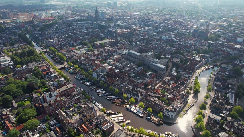 Aerial panorama around the city Groningen on an early summer day in the Netherlands