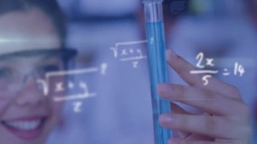 Animation of mathematical equations over caucasian schoolgirl during chemistry lesson. Global science, education, learning and digital interface concept digitally generated video. - Powered by Shutterstock - Get 15% off with code: PIKWIZARD15