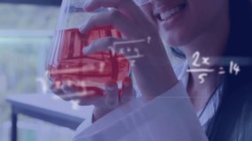 Animation of mathematical equations over biracial female student during chemistry lesson. Global science, education, learning and digital interface concept digitally generated video. - Powered by Shutterstock - Get 15% off with code: PIKWIZARD15