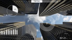 Annual report infographic on dividends and earnings of financial corporations and venture capital funds in the form of graphs, bar charts and pie charts against a backdrop of glass skyscrapers, render - Powered by Shutterstock - Get 15% off with code: PIKWIZARD15
