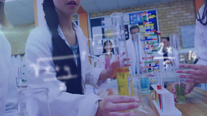 Animation of mathematical equations over diverse schoolchildren during chemistry lesson. Global science, education, learning and digital interface concept digitally generated video. - Powered by Shutterstock - Get 15% off with code: PIKWIZARD15