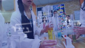 Animation of mathematical equations over diverse schoolchildren during chemistry lesson. Global science, education, learning and digital interface concept digitally generated video. - Powered by Shutterstock - Get 15% off with code: PIKWIZARD15