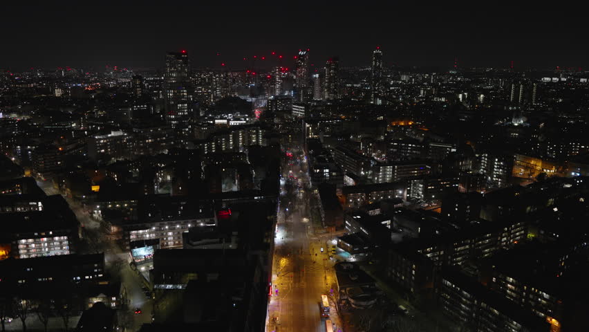Aerial View Shot of London UK, United Kingdom, Old Street, Islington, Farringdon at night, evening, crystal clear and crisp image