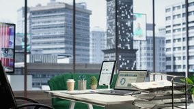 Empty luxurious corporate high end office designed for a CEO or leader, running analytics and data driven insights on screen. Urban global enterprise, business empowerment. Camera B. - Powered by Shutterstock - Get 15% off with code: PIKWIZARD15