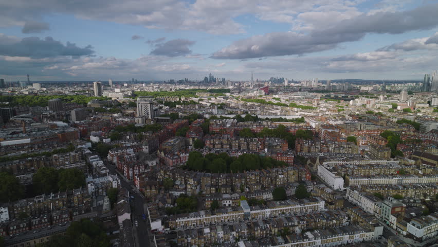 Aerial View Shot of London UK, United Kingdom, London Skyline, Kensington, Knightsbridge, Belgravia, Chelsea, Westminster, West End