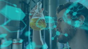 Examining flask, scientist with brain data processing animation over laboratory background. research, biotechnology, innovation, experiment, analysis, technology - Powered by Shutterstock - Get 15% off with code: PIKWIZARD15