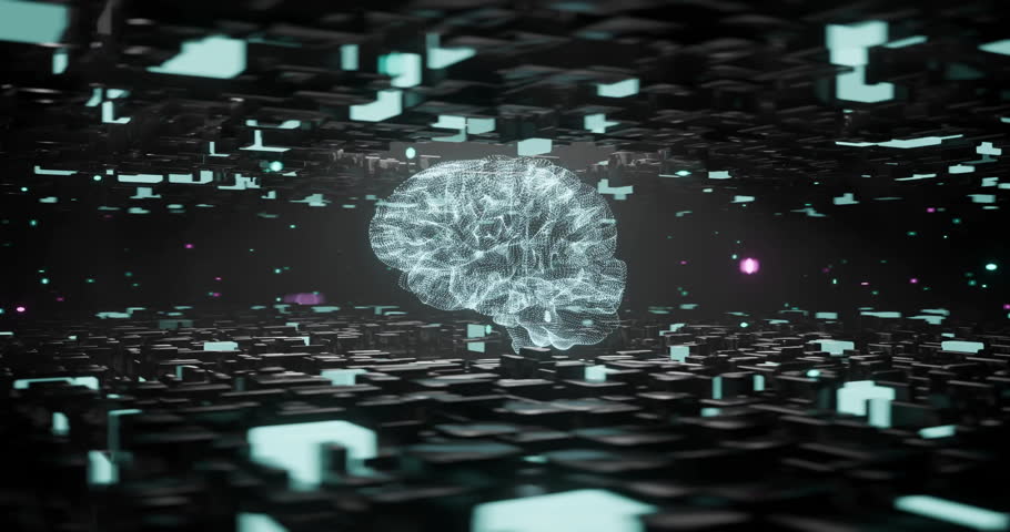 Animation of scientific data processing over human brain. Global science, connections, computing and data processing concept digitally generated video.