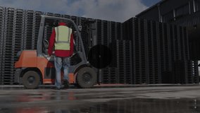 Network of logistics and data processing animation over worker operating forklift. transportation, technology, warehouse, industrial, automation, efficiency - Powered by Shutterstock - Get 15% off with code: PIKWIZARD15
