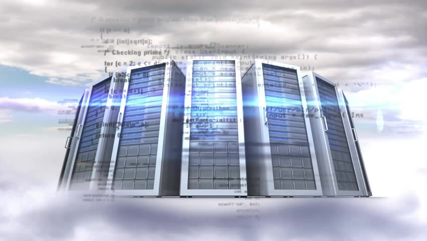 Digital clock animation over data center in clouds with programming code. Technology, cloud computing, cyber, futuristic, network, information - Powered by Shutterstock - Get 15% off with code: PIKWIZARD15