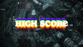 High score text animation over aerial view of city buildings. Achievement, success, urban, skyscrapers, progress, digital - Powered by Shutterstock - Get 15% off with code: PIKWIZARD15