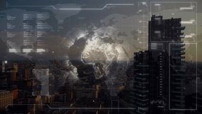 Futuristic data processing animation over cityscape with tall building at sunset. technology, skyscraper, digital, innovation, urban - Powered by Shutterstock - Get 15% off with code: PIKWIZARD15