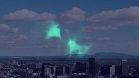 Animating network connections and data processing over cityscape with buildings and clouds. Technology, networking, connectivity, digital, animation, urban - Powered by Shutterstock - Get 15% off with code: PIKWIZARD15