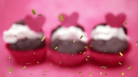 Cupcakes with heart toppers and whipped cream, confetti falling animation over pink background. dessert, celebration, party, confectionery, sprinkle, sweet - Powered by Shutterstock - Get 15% off with code: PIKWIZARD15