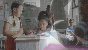 Animation of mathematical data processing over diverse schoolchildren and male teacher in classroom. Schooling, education, computing and data processing concept digitally generated video. - Powered by Shutterstock - Get 15% off with code: PIKWIZARD15