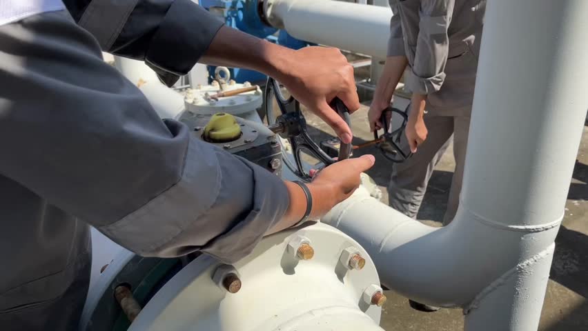 male engineers in power plant turning a valve on pipeline