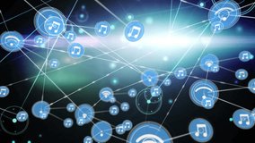 Music and Wi-Fi icons connected by lines, network communication animation. Technology, connectivity, wireless, internet, digital, data - Powered by Shutterstock - Get 15% off with code: PIKWIZARD15