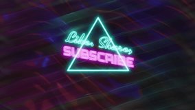 Animation of like share subscribe text over neon pattern background. Global social media, digital interface, communication, computing and data processing concept digitally generated video. - Powered by Shutterstock - Get 15% off with code: PIKWIZARD15
