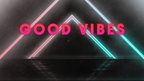 Animation of good vibes text over neon shapes on black background. Shapes, communication, colours and background concept digitally generated video. - Powered by Shutterstock - Get 15% off with code: PIKWIZARD15