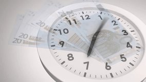 Animation of moving clock over banknotes on white background. Time, finances and digital interface concept digitally generated video. - Powered by Shutterstock - Get 15% off with code: PIKWIZARD15