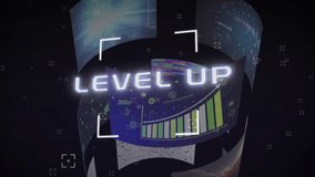 Level up text animation over rotating digital screens on dark background. Technology, futuristic, motion, graphics, cyber, gaming - Powered by Shutterstock - Get 15% off with code: PIKWIZARD15
