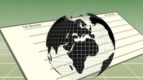 Rotating globe animation over quarterly financial report in office background. Business, finance, growth, analysis, progress, global - Powered by Shutterstock - Get 15% off with code: PIKWIZARD15