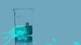 Beaker with liquid and scientific data processing animation over blue background. Science, laboratory, experiment, technology, digital, analysis - Powered by Shutterstock - Get 15% off with code: PIKWIZARD15