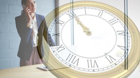 Animation of moving clock over caucasian businesswoman talking on smartphone. Business, time, computing and digital interface concept digitally generated video. - Powered by Shutterstock - Get 15% off with code: PIKWIZARD15