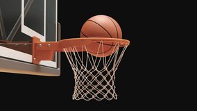 Basketball ball going through hoop net on a basketball arena. Close up slow motion 3d animation. 3D Illustration - Powered by Shutterstock - Get 15% off with code: PIKWIZARD15