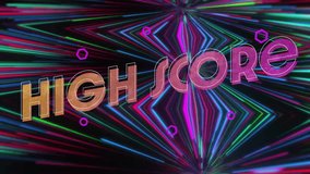 Animation of high score text over colourful shapes on black background. Communication, shapes and digital interface concept digitally generated video. - Powered by Shutterstock - Get 15% off with code: PIKWIZARD15