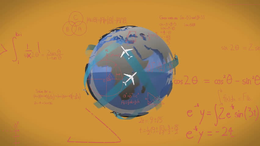Airplanes flying around globe with mathematical equations animation on orange background. Aviation, travel, global, mathematics, aerospace, flight - Powered by Shutterstock - Get 15% off with code: PIKWIZARD15