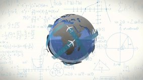Rotating globe with airplanes and mathematical equations animation. Travel, mathematics, science, physics, flight, education - Powered by Shutterstock - Get 15% off with code: PIKWIZARD15