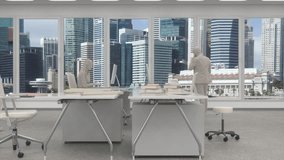 In a modern office with a panoramic view of a bustling cityscape, three figures are caught in a moment of unsettling disintegration.  - Powered by Shutterstock - Get 15% off with code: PIKWIZARD15