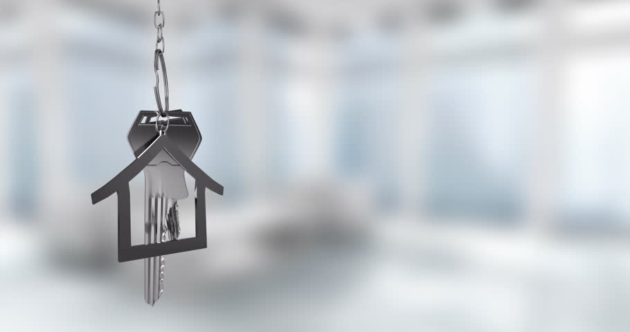 House-shaped keychain and keys animation over blurred office background. Real estate, home, ownership, security, property, realty