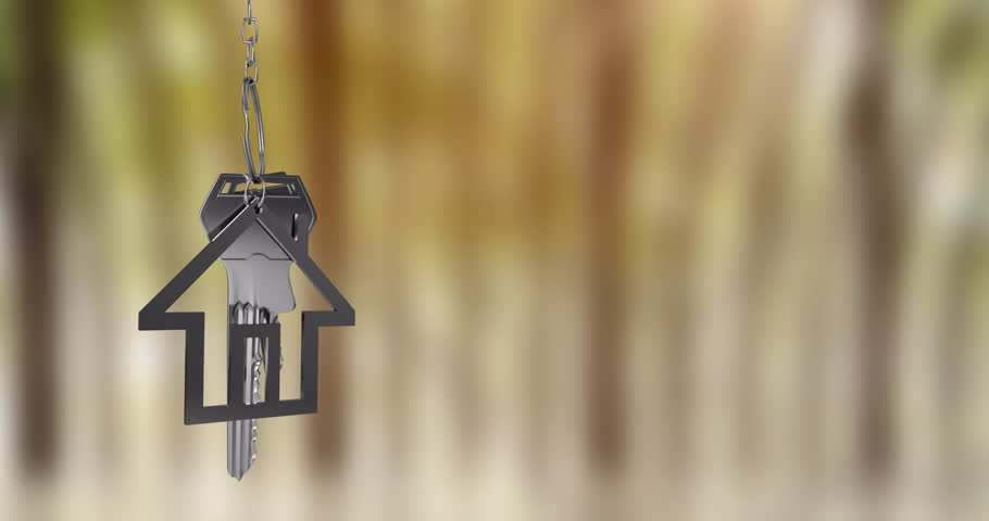 House-shaped keychain animation over blurred background. 3D, design, branding, home, object, closeup