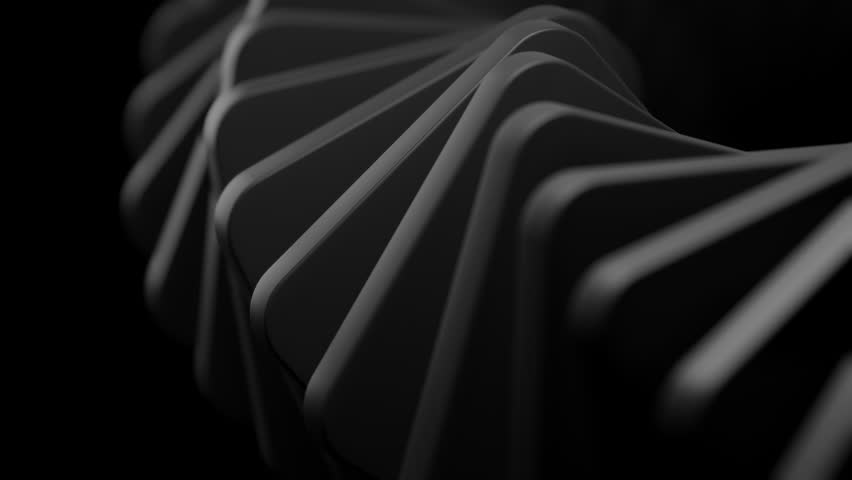 A close-up of a dark, abstract spiral pattern formed by geometric shapes, creating a minimalistic and futuristic visual effect.