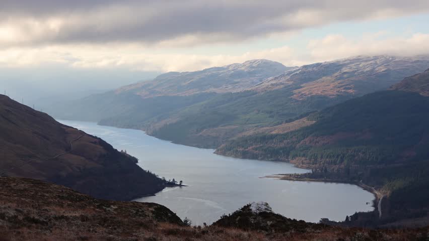 View Of A Large Lake And Mountains On A Cloudy Day (Loch Long, Scotland)