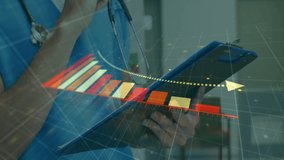 Animation of diagram and data processing over caucasian female doctor writing on clipboard. Medicine and digital interface concept digitally generated video. - Powered by Shutterstock - Get 15% off with code: PIKWIZARD15