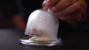 Professional chef serving tapas of smoked octopus on glass hood. Food under a glass bell with thick smoke. - Powered by Shutterstock - Get 15% off with code: PIKWIZARD15