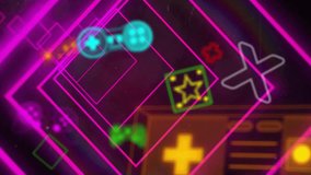 Animation of neon gaming icons over purple shapes moving. Technology, gaming and digital interface concept digitally generated video. - Powered by Shutterstock - Get 15% off with code: PIKWIZARD15