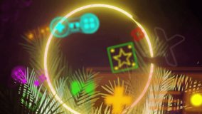 Animation of neon gaming icons over neon circle and leaves. Technology, gaming and digital interface concept digitally generated video. - Powered by Shutterstock - Get 15% off with code: PIKWIZARD15