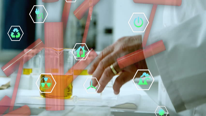 Animation of scientific data processing over caucasian male scientist in laboratory. Global science, connections, computing and data processing concept digitally generated video. - Powered by Shutterstock - Get 15% off with code: PIKWIZARD15