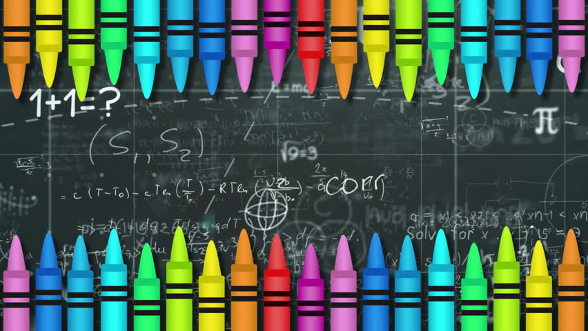 Animation of scientific data processing and crayons over black background. Global science, education, connections, computing and data processing concept digitally generated video.